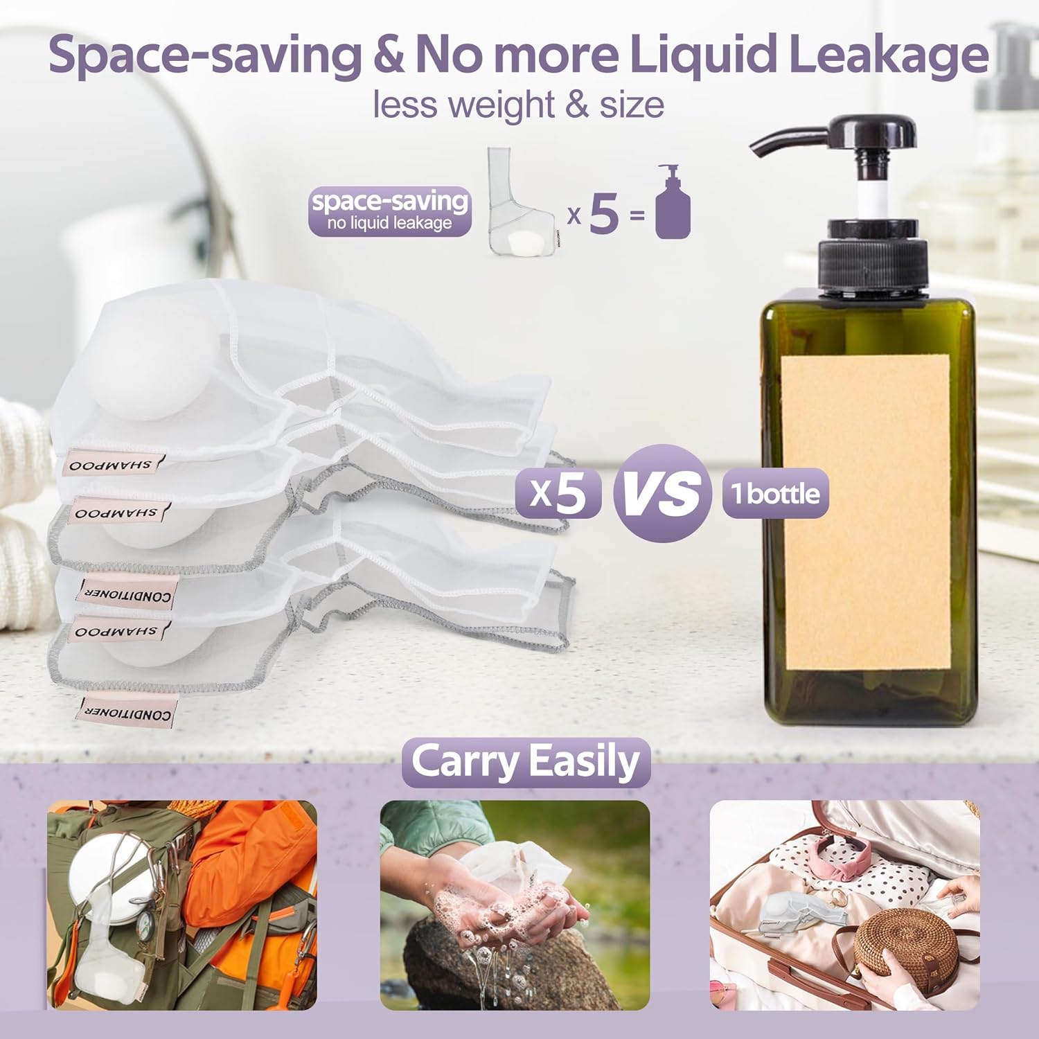 Shampoo Saver Bag for Rich Foam | Bar Pouch | Conditioner & Shampoo Bar Holder |Less Waste | Recycled (2 pcs)
