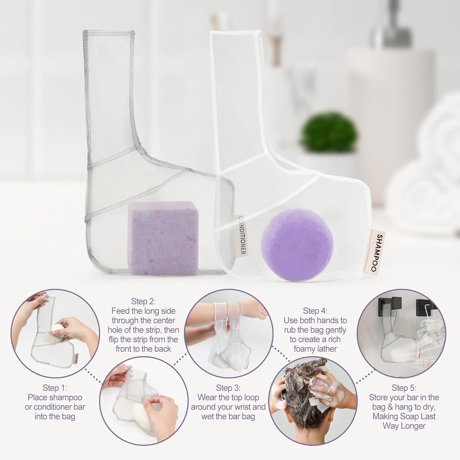 Shampoo Saver Bag for Rich Foam | Bar Pouch | Conditioner & Shampoo Bar Holder |Less Waste | Recycled (2 pcs)